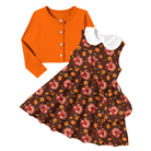 Girls orange floral dress and cardigan set displayed flat, featuring a sleeveless floral dress with a matching orange cardigan.