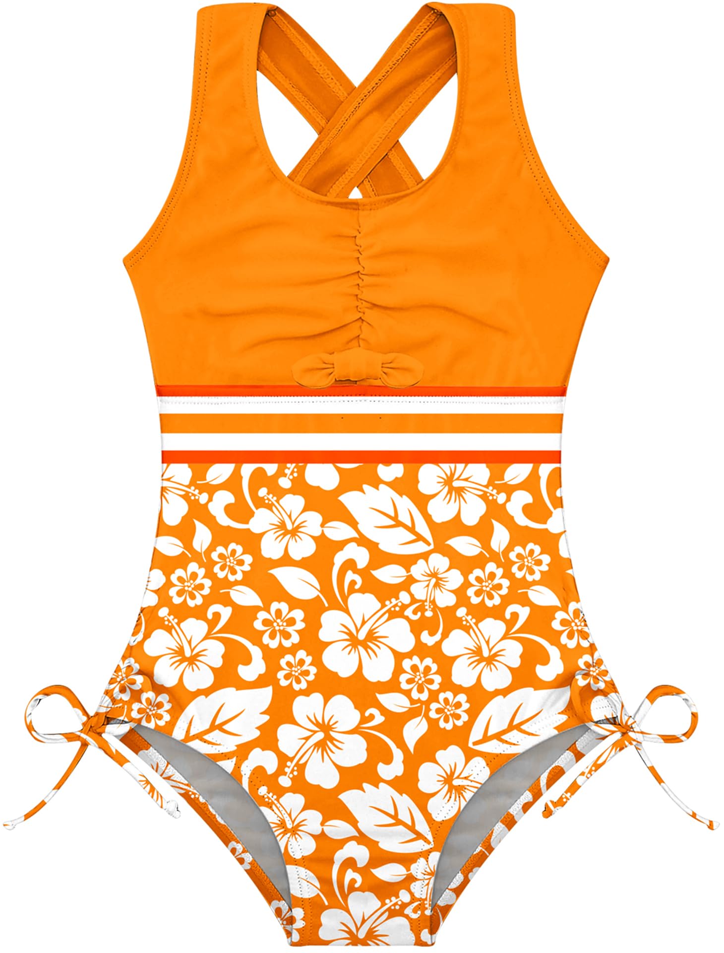 Girls orange floral one piece swimsuit with printed pattern, cross back straps and quick dry fabric for beach wear.