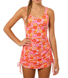 Girls orange floral print one piece swimsuit with swim dress design for sunny beach adventures.
