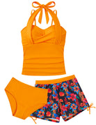 Orange floral girls tankini swimsuit set with matching swim shorts