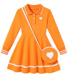 Girls orange long sleeve polo dress with heart shoulder bag, bright stylish kids dress for parties and casual occasions.