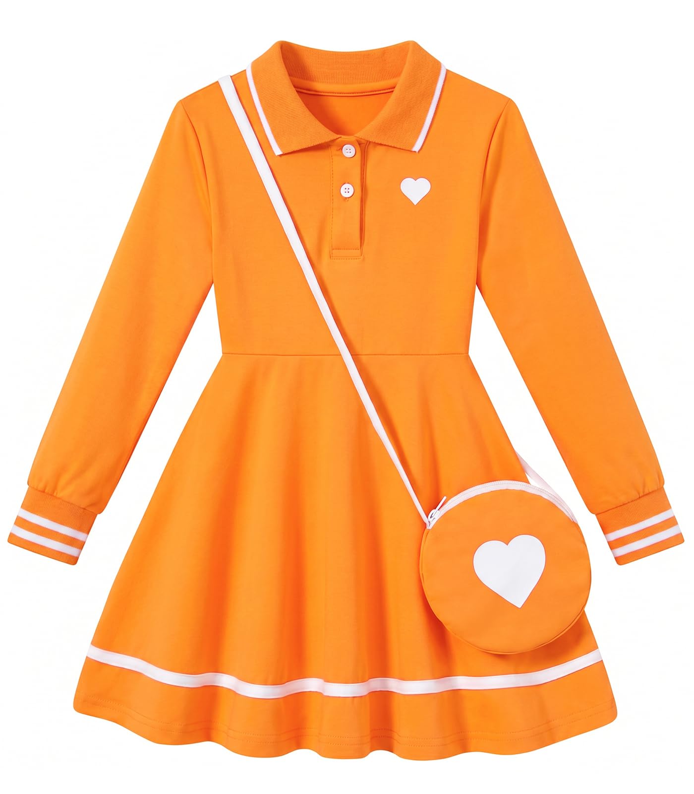 Girls orange long sleeve polo dress with heart shoulder bag, bright stylish kids dress for parties and casual occasions.
