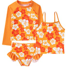 Girls orange printed rash guard swimsuit set with matching shorts, bright summer swimwear for beach adventures.