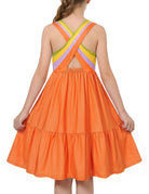 Girls orange rainbow strap sundress with bright color design, comfortable summer dress for outdoor play and special occasions.
