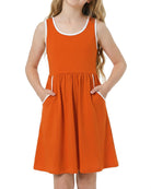 Girls orange sleeveless dress set with matching shorts, lightweight casual outfit for warm weather and outdoor occasions.