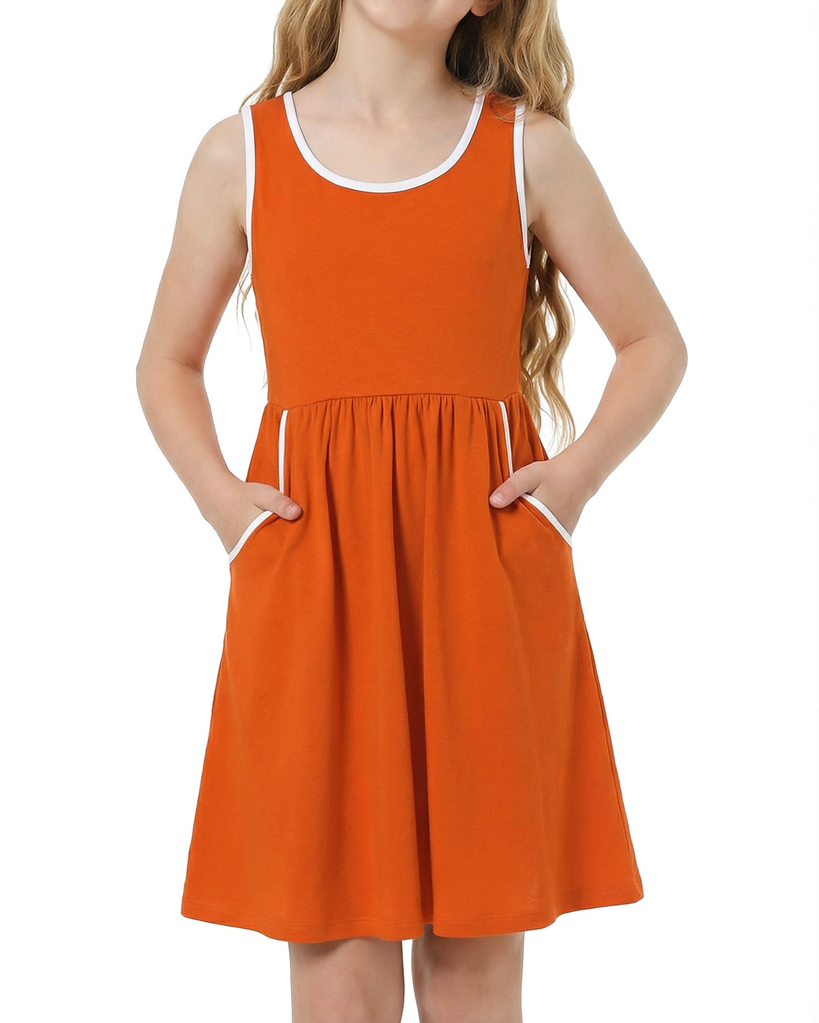 Girls orange sleeveless dress set with matching shorts, lightweight casual outfit for warm weather and outdoor occasions.