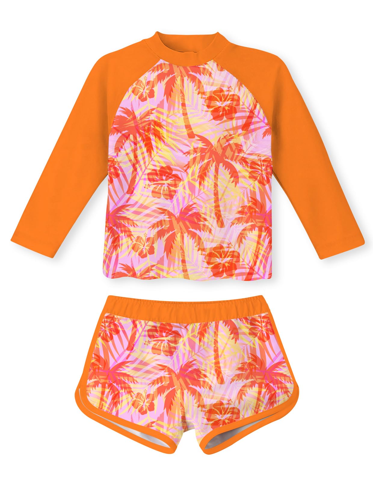 Girls orange tropical print swimsuit set with long sleeve rash guard and matching shorts, colorful beachwear for summer adventures.