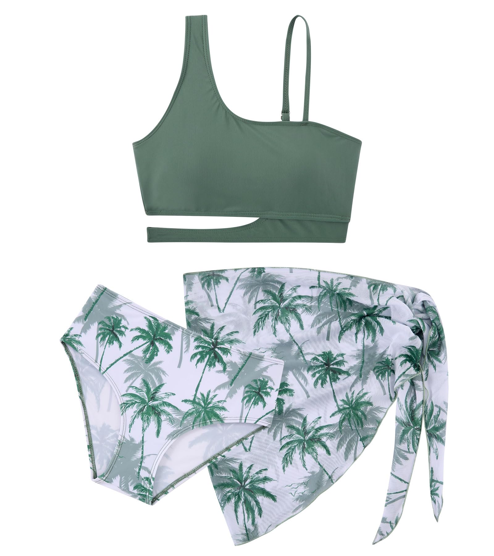 Girls Palm Oasis swimsuit set with tropical palm print bottoms and matching cover up skirt for vacation days.