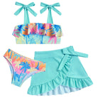 Girls palm tree print swimsuit set with cover up skirt, tropical beachwear for summer vacations.