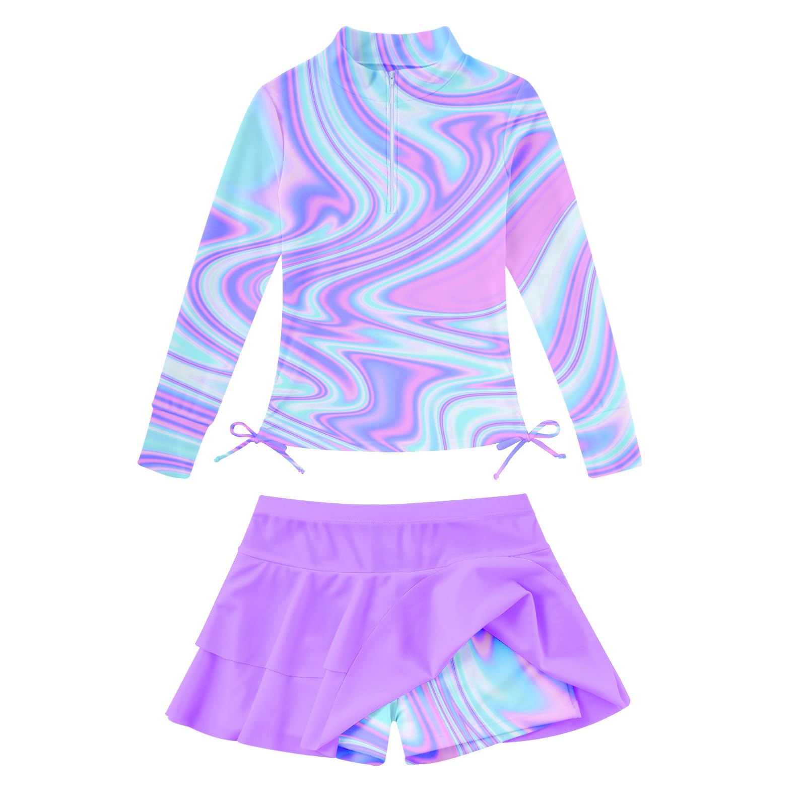 Girls pastel swirl pattern long sleeve rash guard swimsuit with skirt, colorful two piece swimwear for pool and beach days.