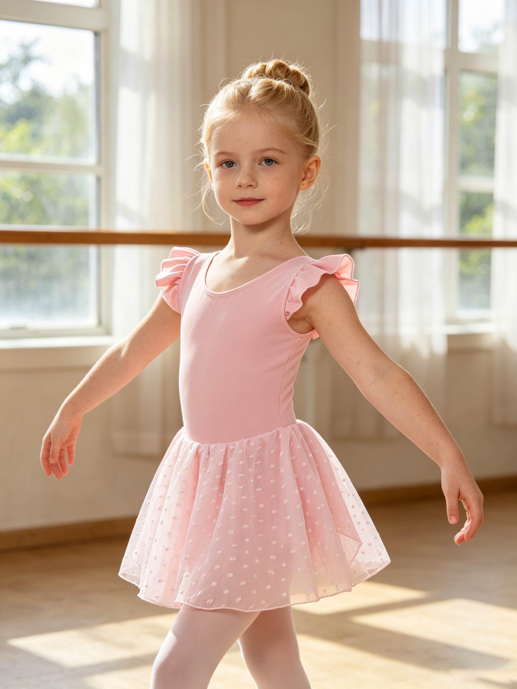 Girl wearing a pink ballet leotard dress while practicing dance movements, flexible kids dancewear for ballet and gymnastics.
