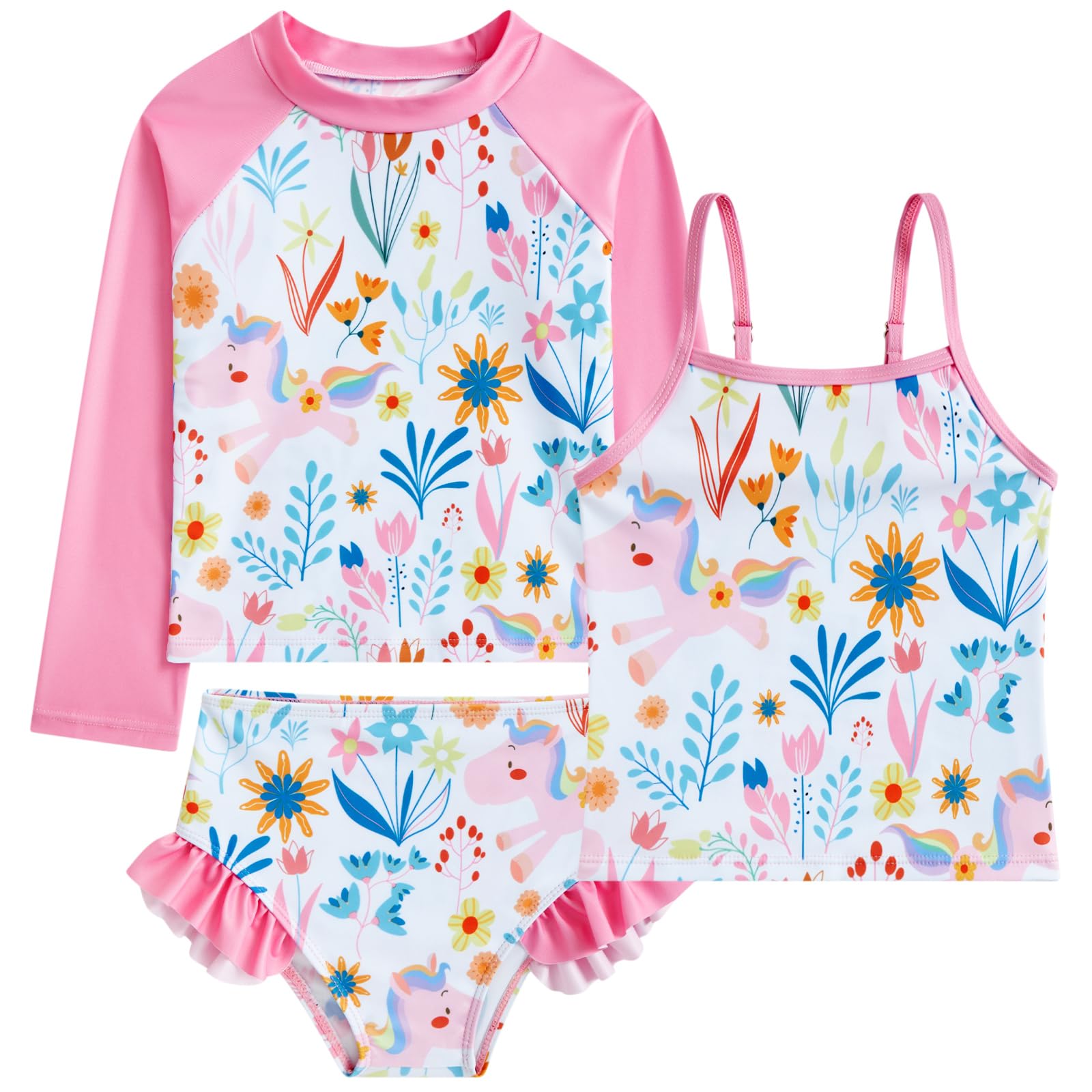 Girls pink botanical print swim set with long sleeve rash guard and ruffle shorts, floral inspired kids swimwear.