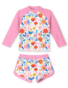 Girls pink botanical pattern rash guard swim set with long sleeves and shorts, comfortable printed swimwear for kids.