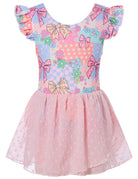 Girls pink bow ballet dress with ruffle sleeves and layered skirt, adorable dance outfit for young girls.