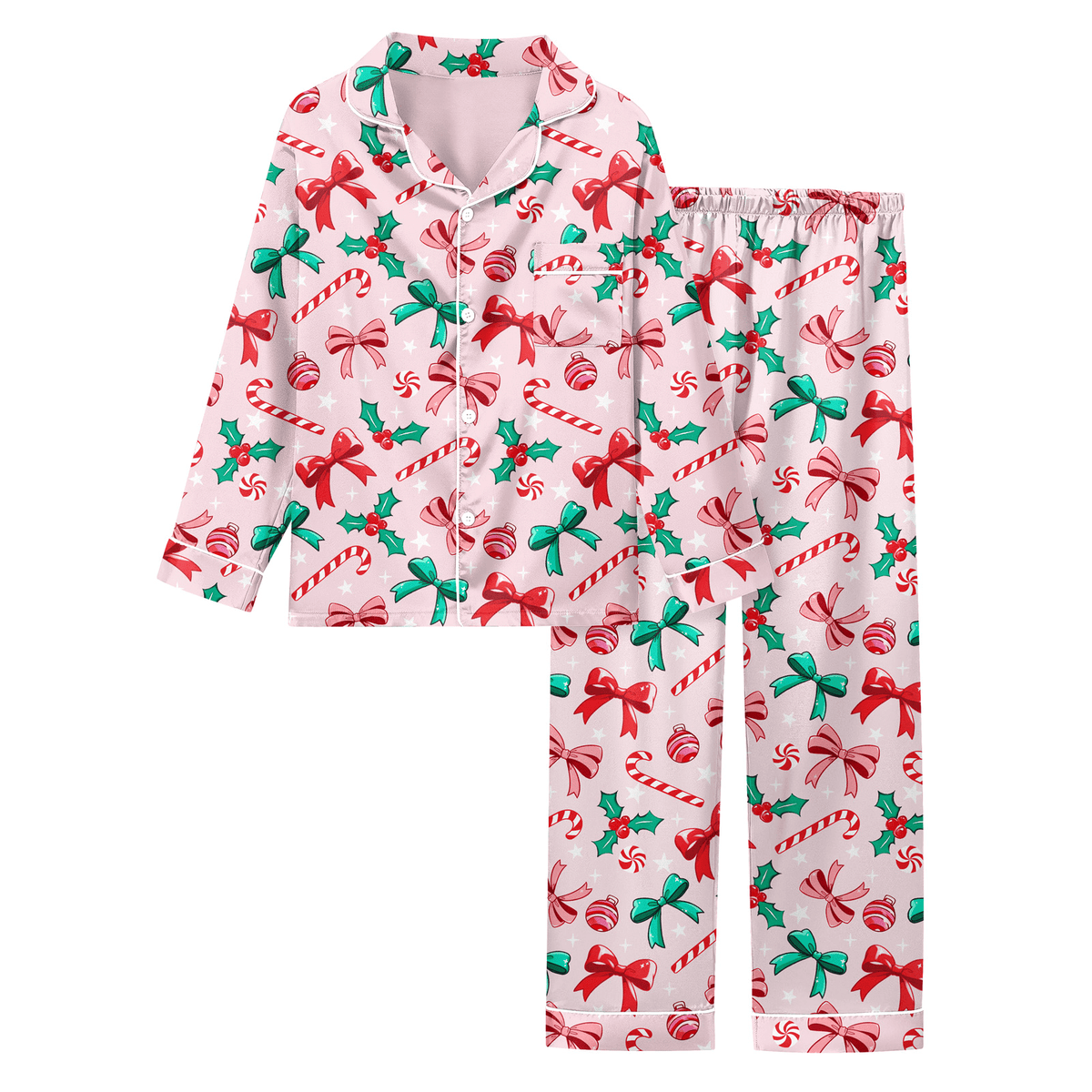 Girls pink bow Christmas pajama set with festive print, short sleeve top and matching pants for holiday sleepwear.