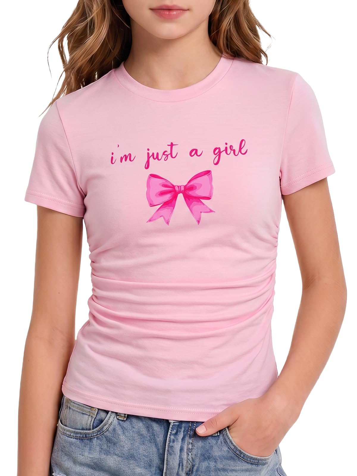 Girls pink bow graphic ruched side T shirt with cute bow print design, soft casual top for school and daily wear.