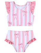 Girls pink bow two piece bikini set with ruffle shoulder design and matching swim bottoms for beach trips and pool activities.