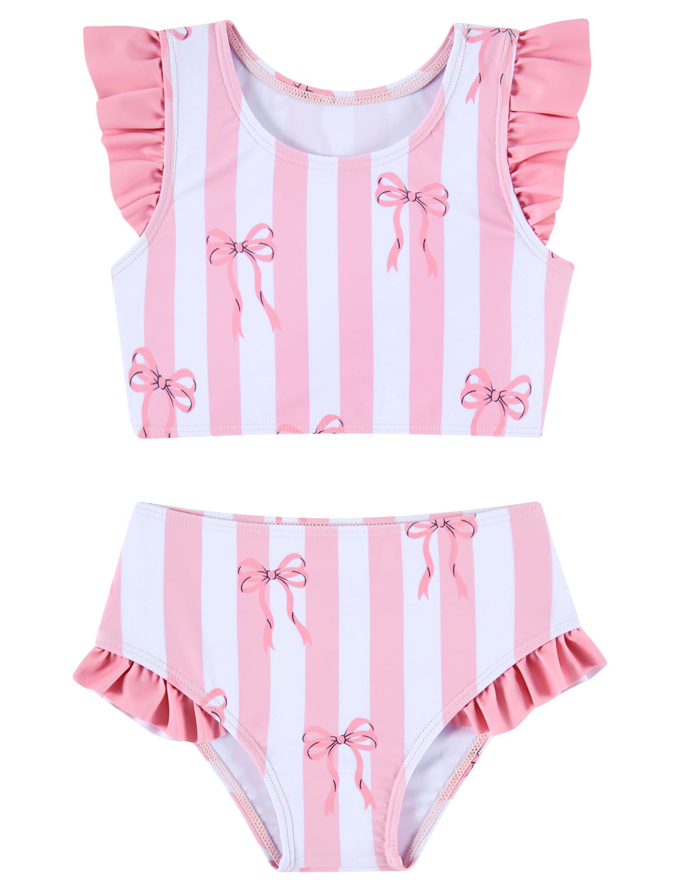 Girls pink bow two piece bikini set with ruffle shoulder design and matching swim bottoms for beach trips and pool activities.