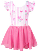 Girls pink bow sparkle ballet dress with soft stretch fabric and layered skirt for dance and special occasions.