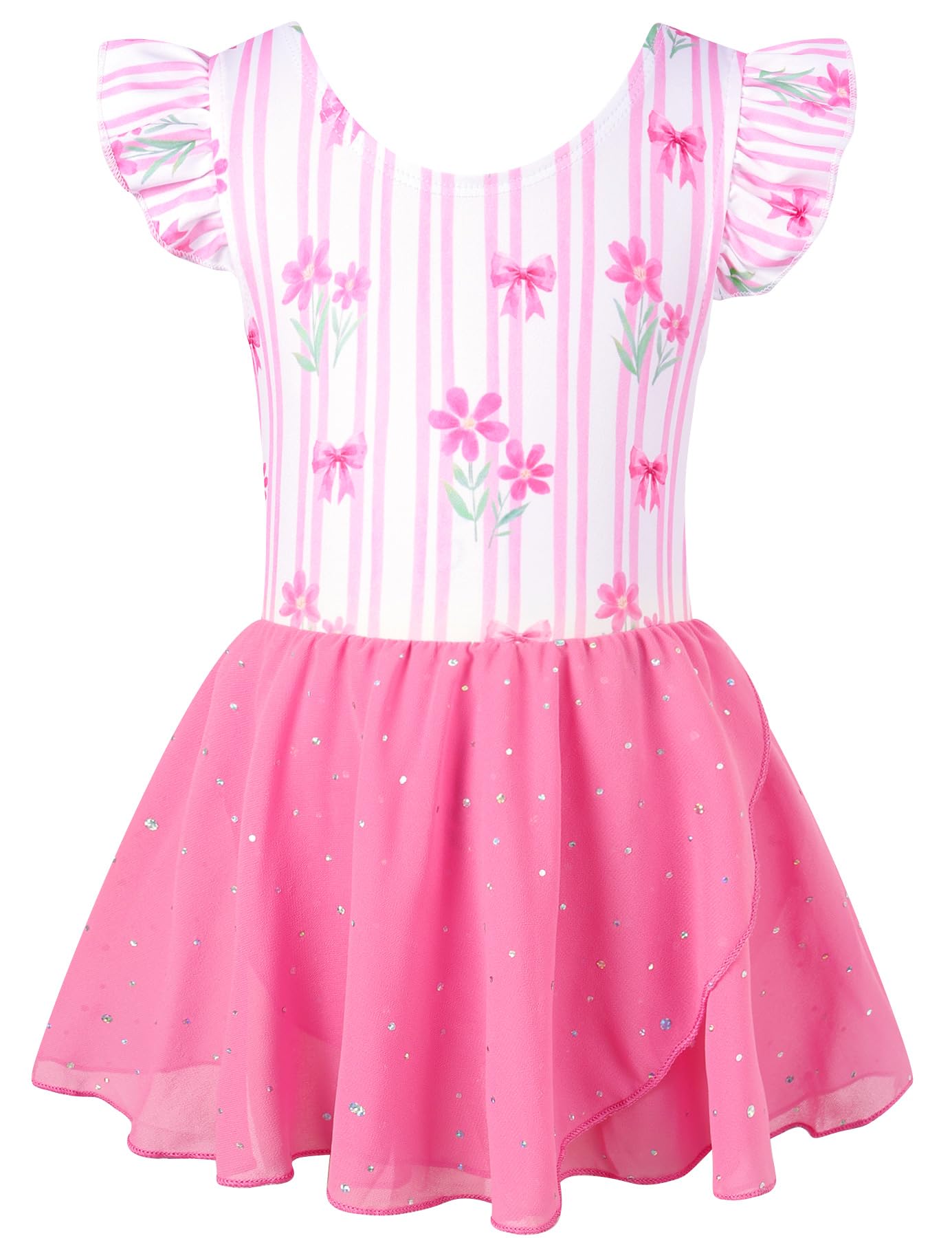 Girls pink bow sparkle ballet dress with soft stretch fabric and layered skirt for dance and special occasions.