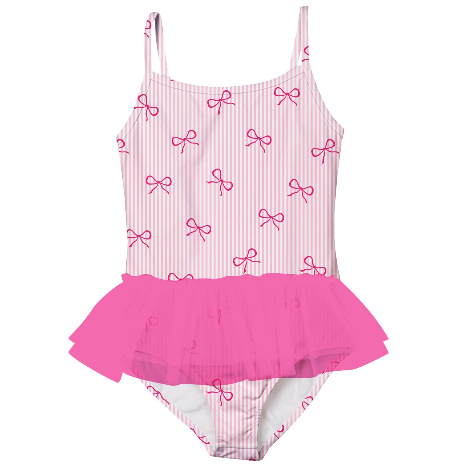 Girls pink bow tutu skirt swimsuit with princess inspired design, soft stretch fabric and comfortable fit for young swimmers.