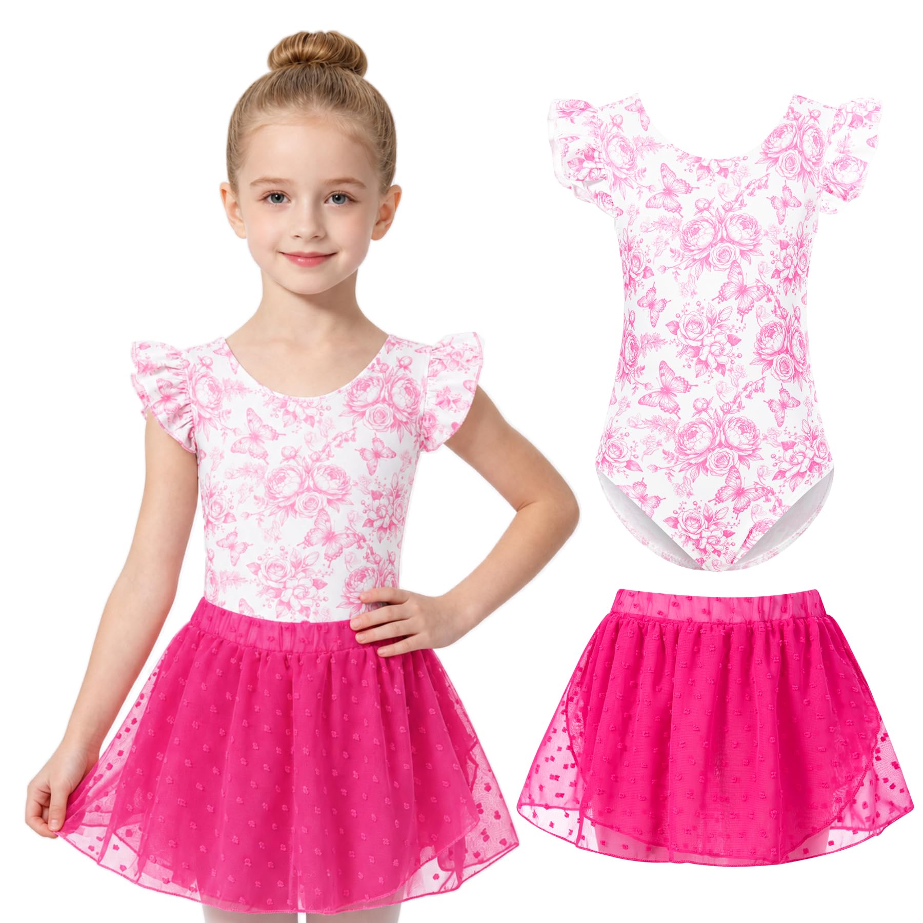 Girls pink butterfly dance leotard dress with ballet skirt, soft comfortable outfit for practice and performances.