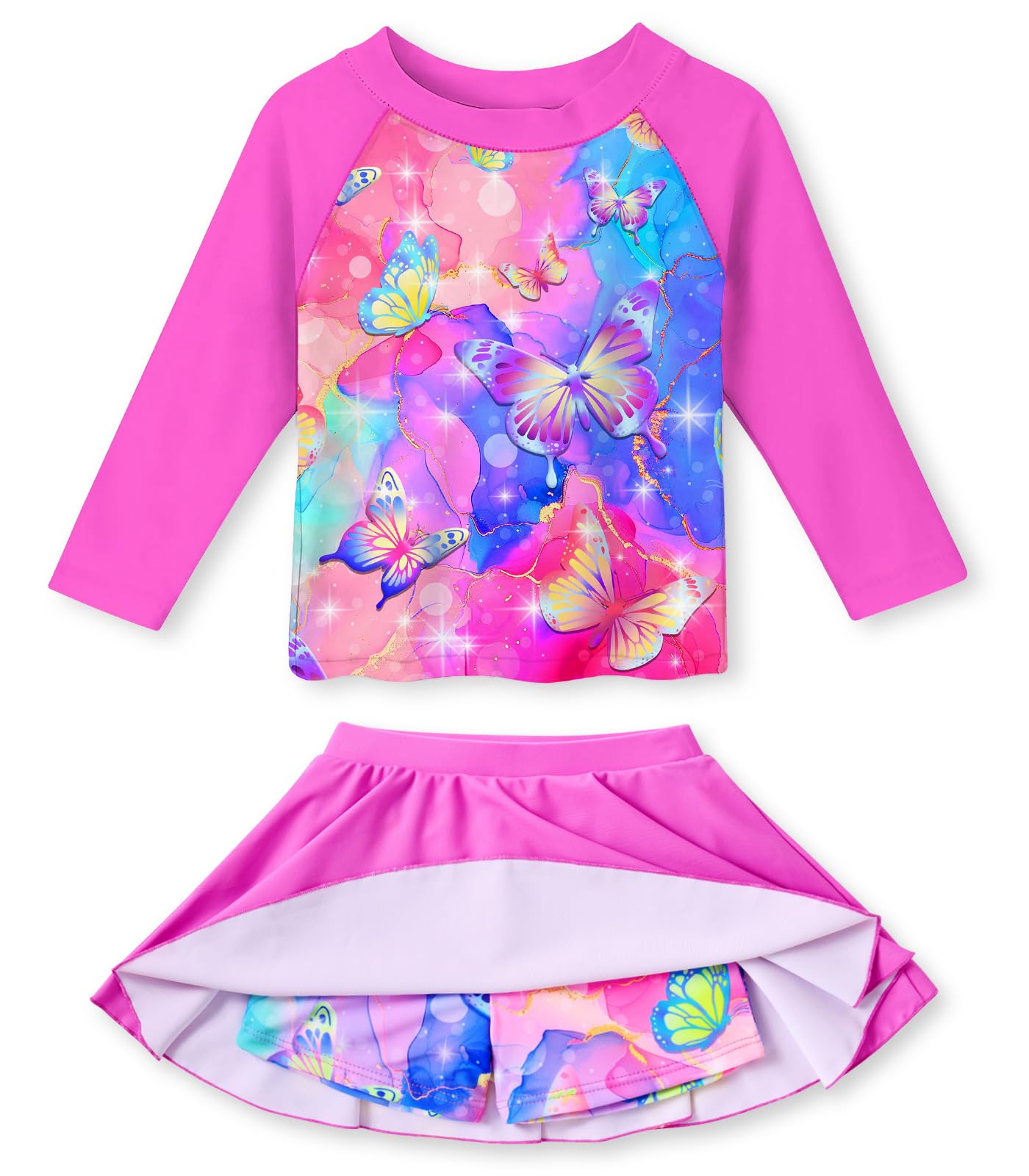 Girls Pink Butterfly long sleeve rash guard swim skirt set with playful butterfly print and comfortable two-piece design for swimming and beach days.