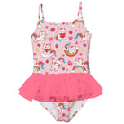 Girls pink cat print tutu swimsuit with adjustable shoulder straps and soft stretch fabric for swimming and play.