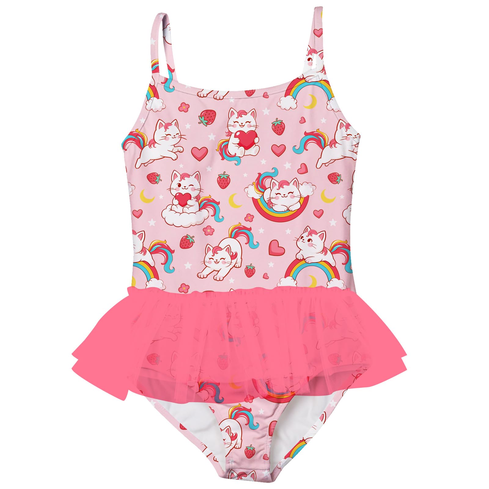Girls pink cat print tutu swimsuit with adjustable shoulder straps and soft stretch fabric for swimming and play.