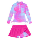Girls pink cloud printed long sleeve rash guard swimsuit with skirt bottom, cute summer swimwear for pool parties and vacations.