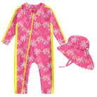 Toddler girls pink coconut tree print rash guard swimsuit with long sleeves, matching sun hat and full coverage design for summer vacations.