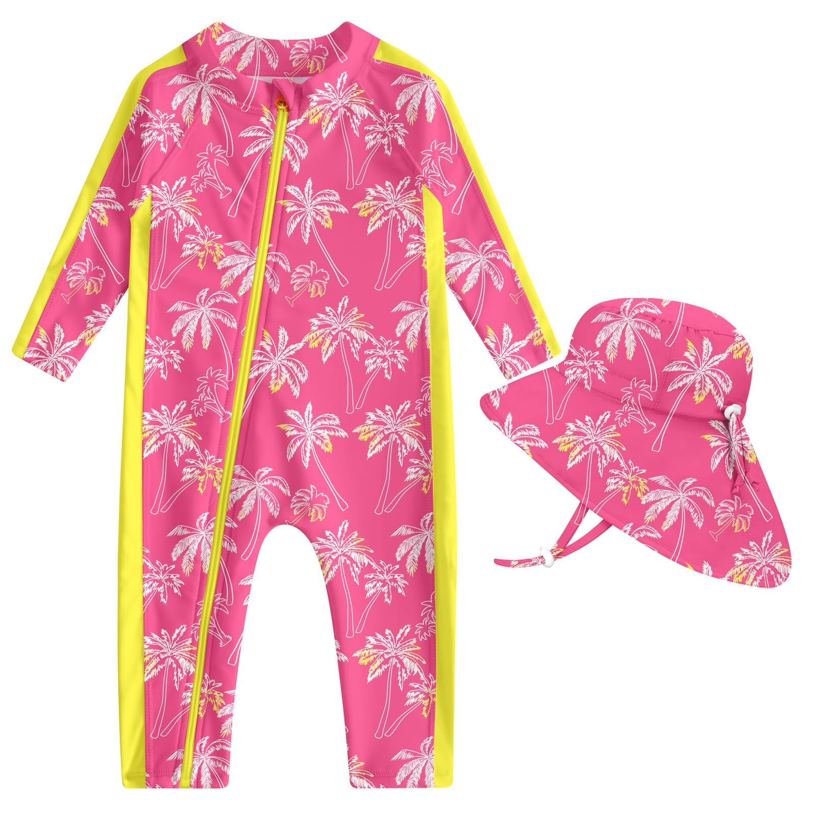 Toddler girls pink coconut tree print rash guard swimsuit with long sleeves, matching sun hat and full coverage design for summer vacations.