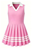 Girls pink color block polo dress with collared neckline and A-line silhouette, comfortable casual dress for school and everyday wear.