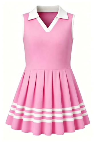 Girls pink color block polo dress with collared neckline and A-line silhouette, comfortable casual dress for school and everyday wear.