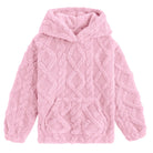 Girls pink coral fleece hoodie with soft plush texture, hooded pullover design and kangaroo pocket for cozy fall and winter outfits.