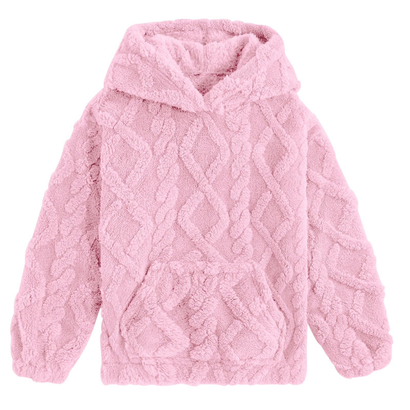 Girls pink coral fleece hoodie with soft plush texture, hooded pullover design and kangaroo pocket for cozy fall and winter outfits.
