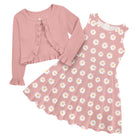 Girls Pink Daisy dress and cardigan set with pink long sleeve cardigan and coordinating daisy print dress for parties and everyday wear.