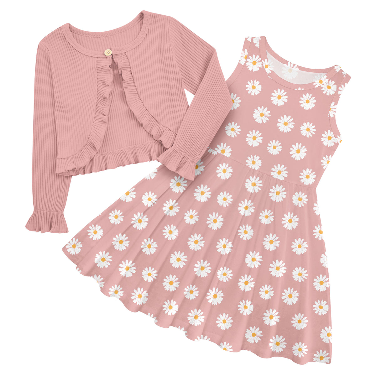Girls Pink Daisy dress and cardigan set with pink long sleeve cardigan and coordinating daisy print dress for parties and everyday wear.