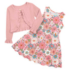 Girls Pink Daisy Floral dress and cardigan set with colorful flower print, sleeveless dress and matching pink long sleeve cardigan.