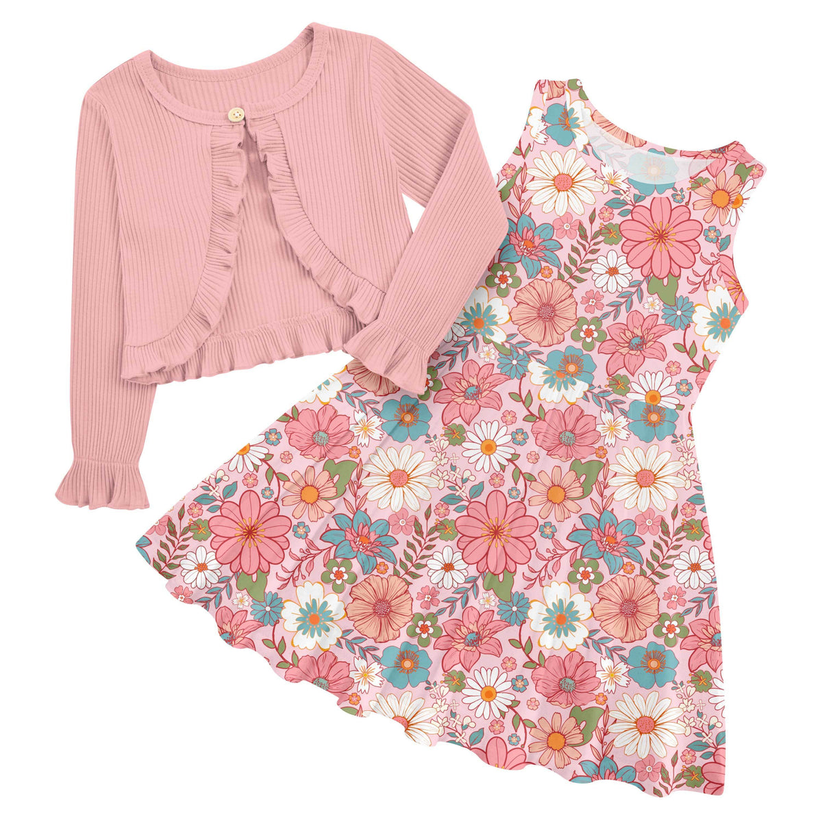 Girls Pink Daisy Floral dress and cardigan set with colorful flower print, sleeveless dress and matching pink long sleeve cardigan.