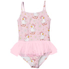 Girls pink duck print one piece swim dress with tutu skirt, cute kids bathing suit for swimming classes and vacations.