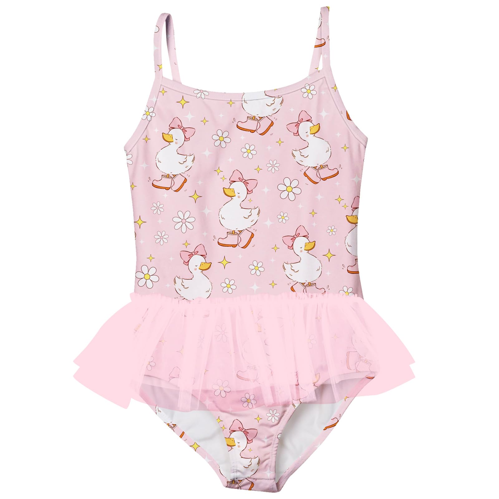 Girls pink duck print one piece swim dress with tutu skirt, cute kids bathing suit for swimming classes and vacations.