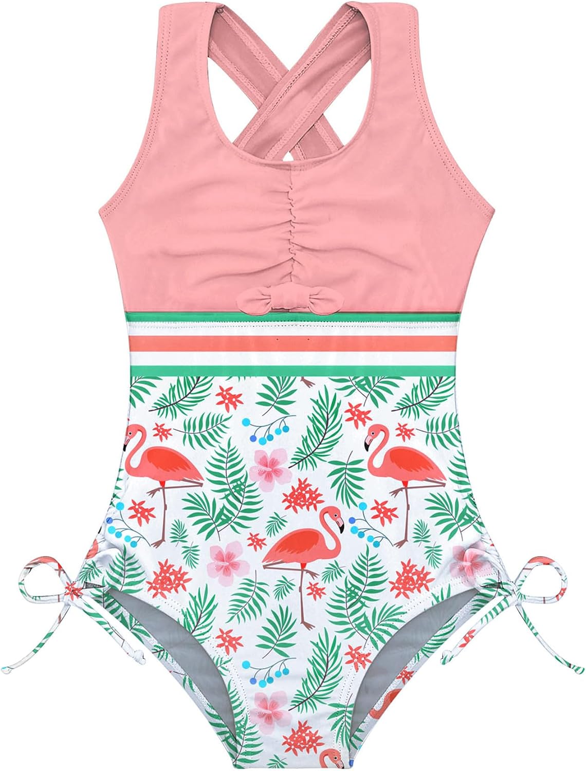 Girls pink flamingo one piece swimsuit with cross back straps, printed design and stretch fabric for beach and pool activities.