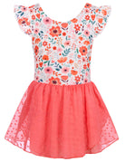 Girls pink floral ballet dance dress with printed bodice and double layer chiffon skirt, perfect for dance classes and occasions.