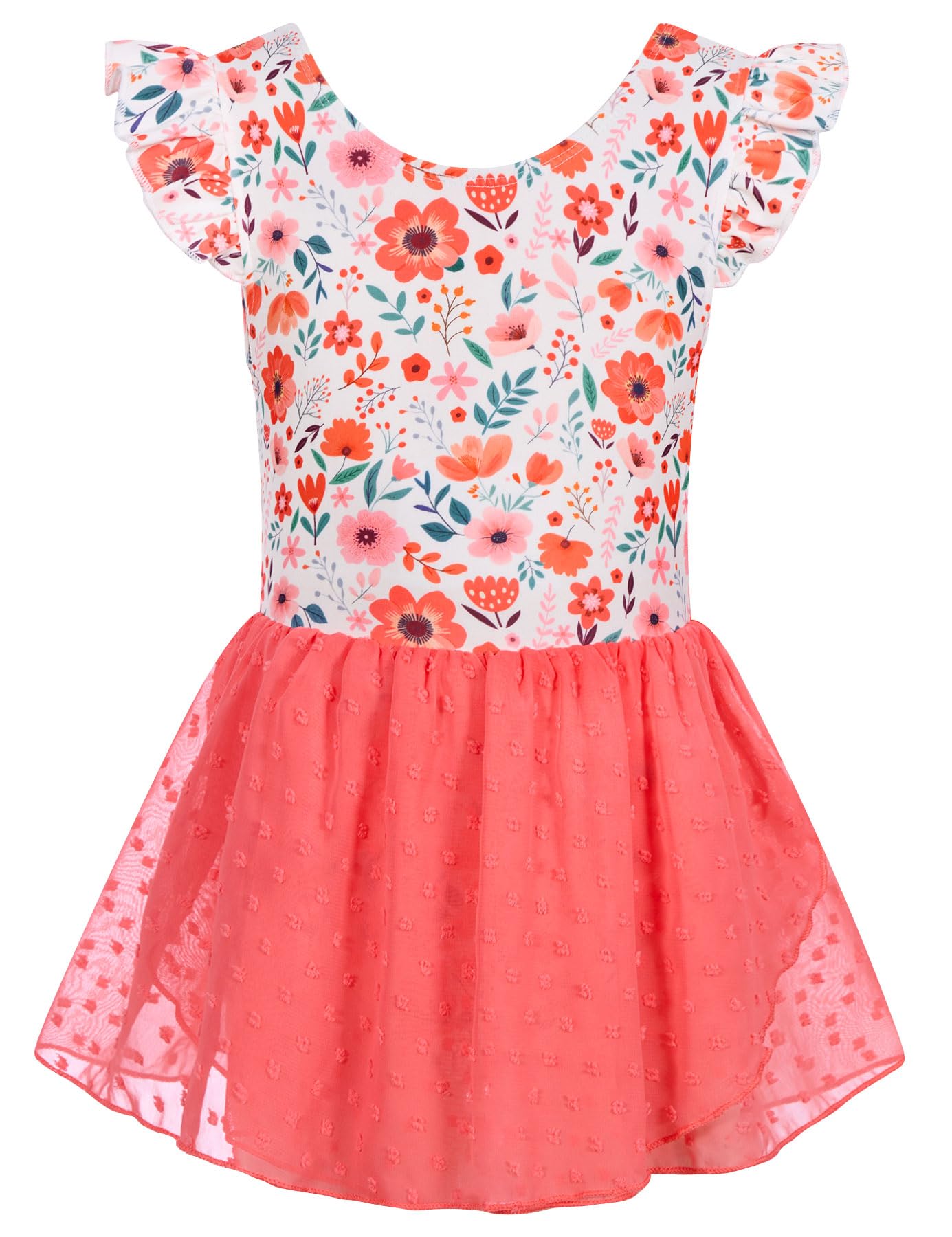 Girls pink floral ballet dance dress with printed bodice and double layer chiffon skirt, perfect for dance classes and occasions.