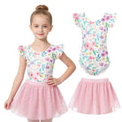 Girls pink floral ballet leotard dress set with ruffle sleeves and skirt, cute dance outfit for ballet practice and performances.