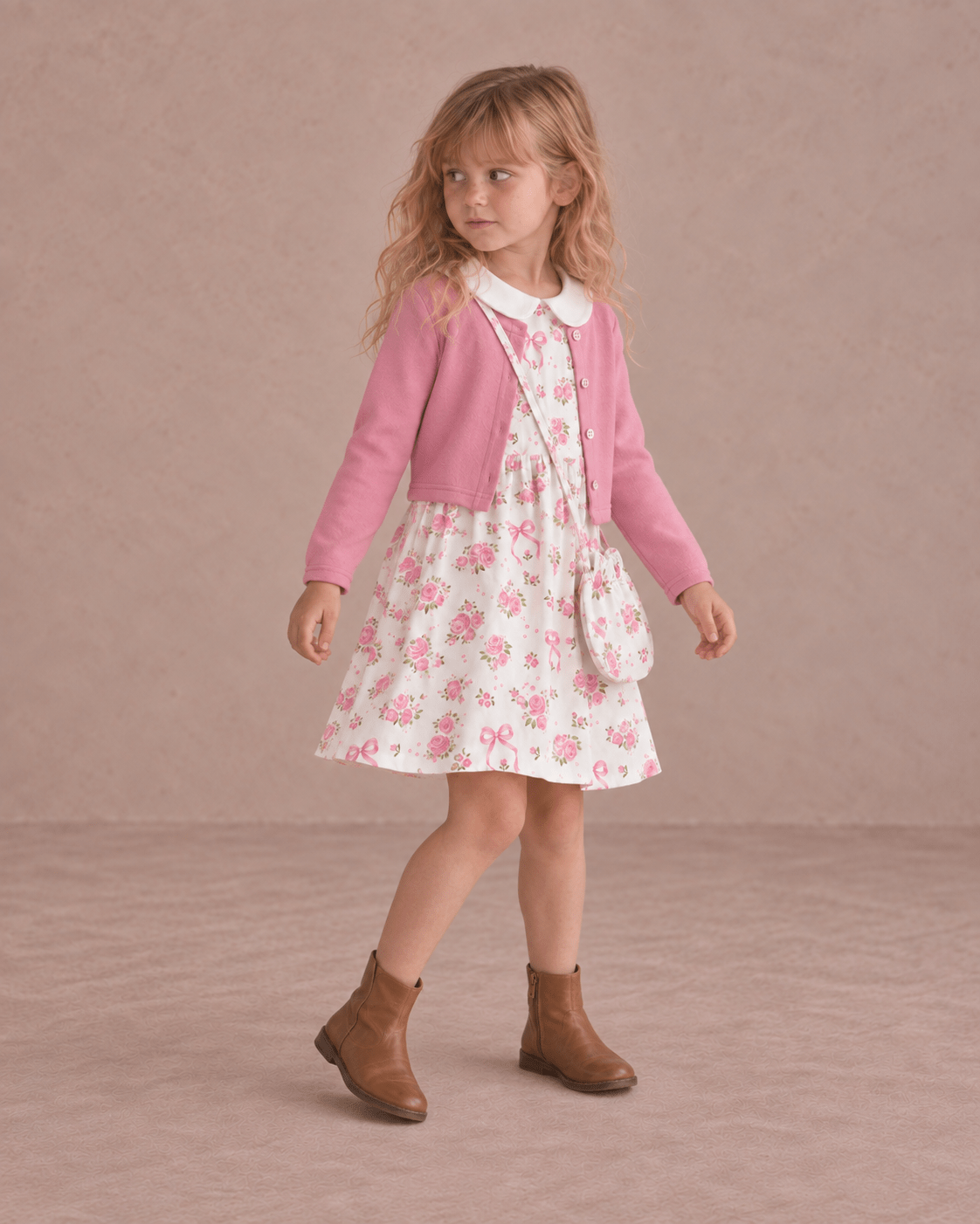 Girl wearing a pink floral dress with cardigan in a side pose, showing the flowing skirt shape, floral details and complete layered outfit style.