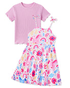 Girls pink floral dress set with comfortable T-shirt top, cute summer outfit for toddlers and young girls.