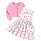 Girls pink floral dress and cardigan set featuring a sleeveless floral dress with a matching long sleeve pink cardigan.