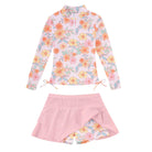 Girls pink floral long sleeve rash guard swimsuit set with skirted swim bottoms, cute printed beach swimwear for summer vacations.